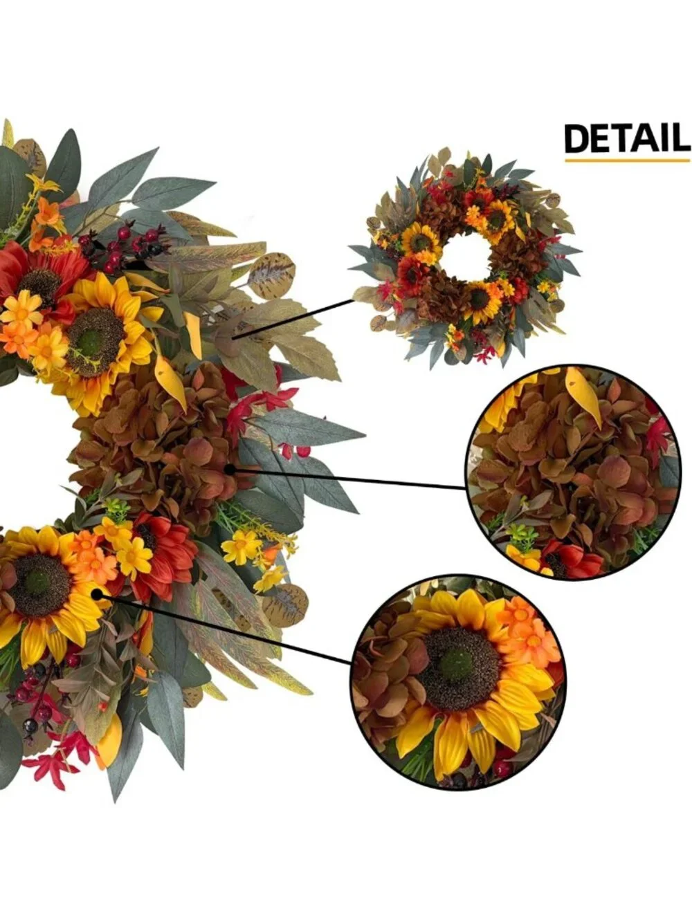 24-Inch Fall Sunflower & Hydrangea Wreath for Autumn Front Door Decor